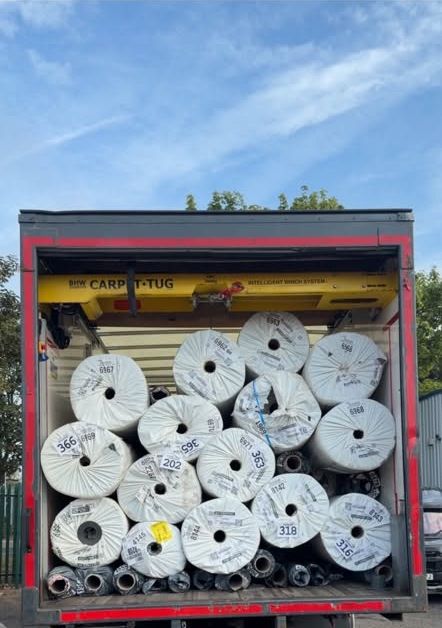 Lorry loaded with rolls of carpet arriving at the FloorTradeDirect warehouse, Doncaster