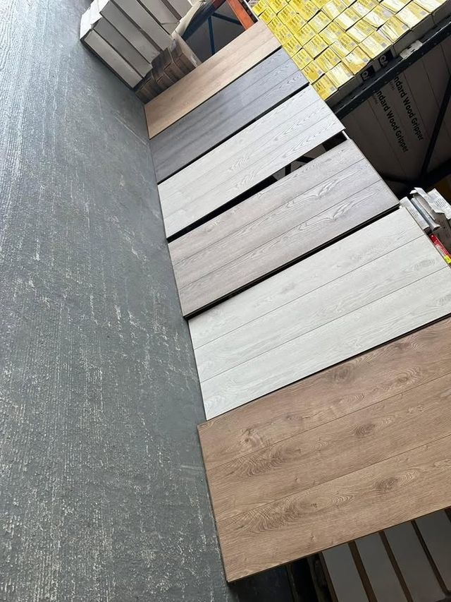 Laminate flooring boards laid out at the FloorTradeDirect warehouse, Doncaster