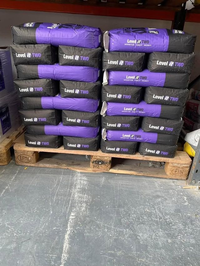 Pallet of screed bags in stock at the FloorTradeDirect warehouse, Doncaster